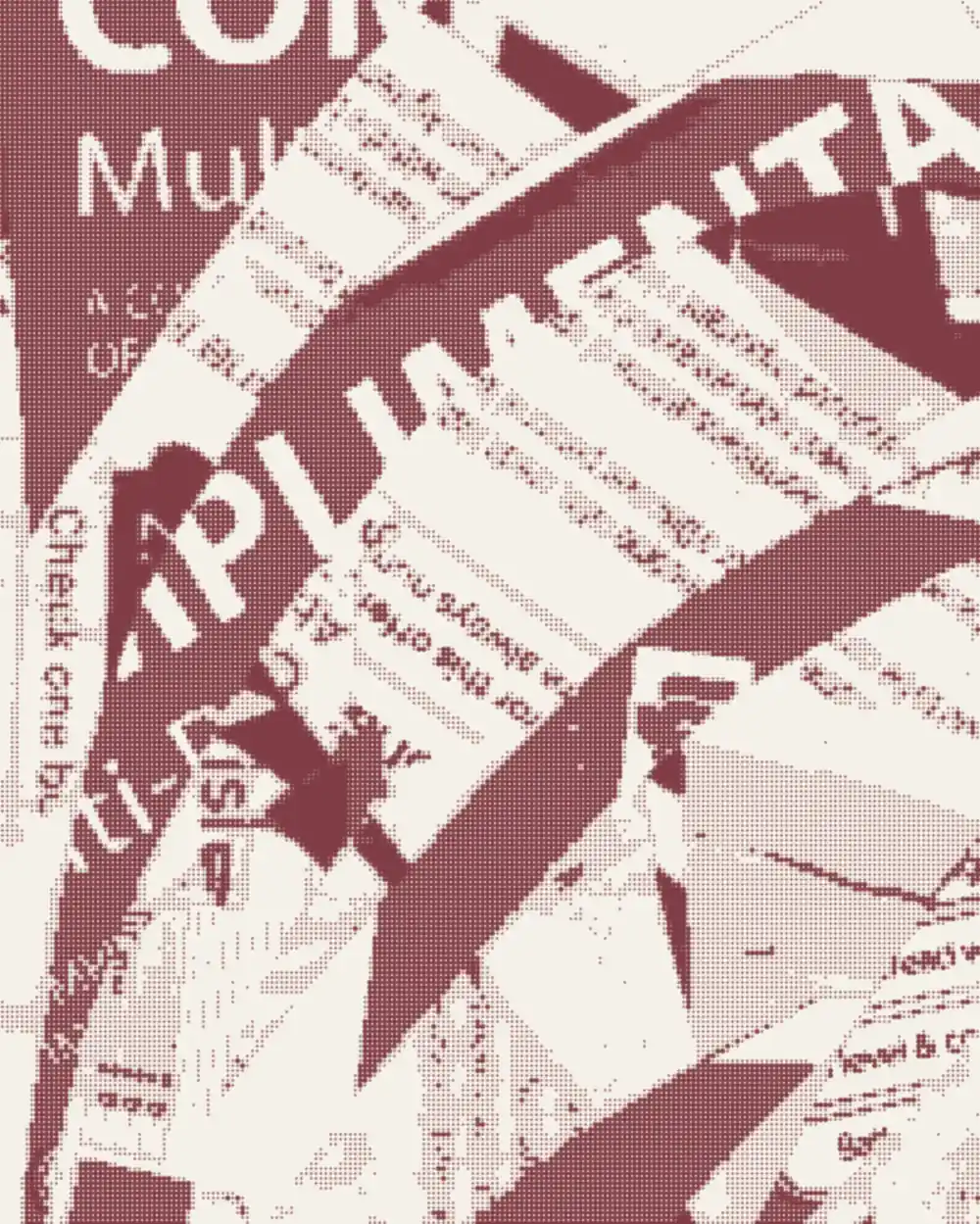 Layered, torn newspaper clippings